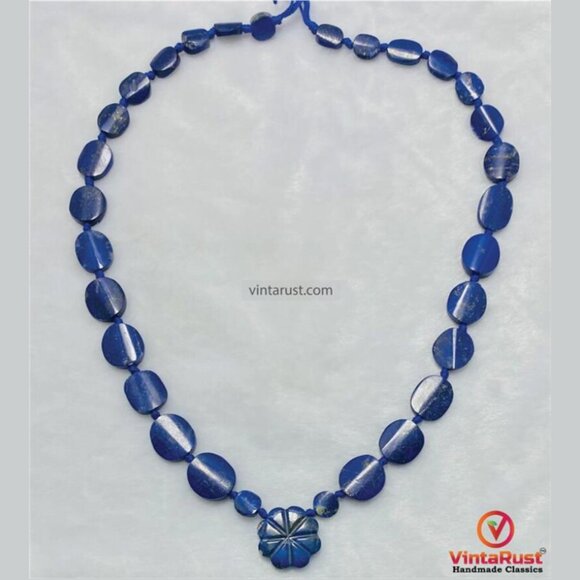 Blue Lapis Lazuli Necklace with Flower Pendant: Handmade Gemstone Jewelry - Picture 3 of 6